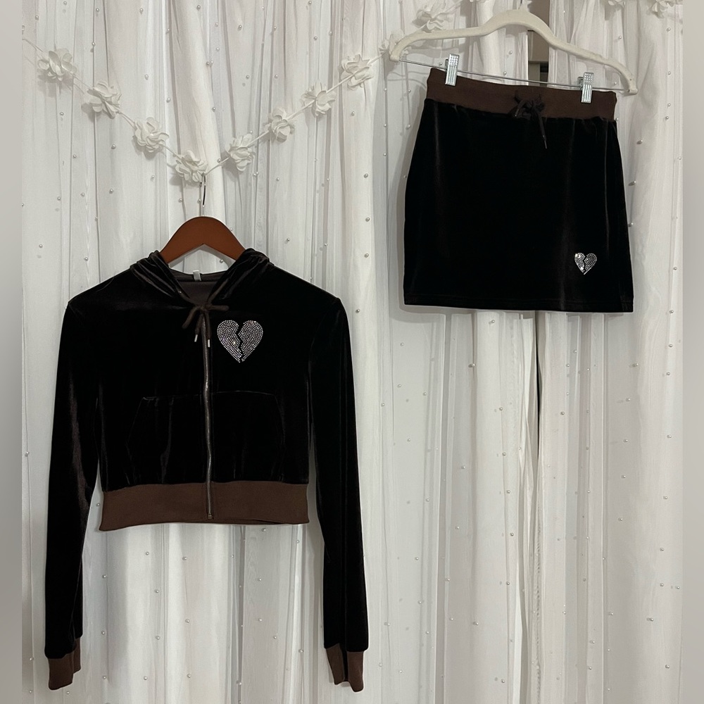 Y2K Style Broken Hearted Brown Velour Skirt & Zip Up Set (2 Piece) Bundle